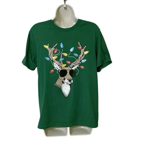 Holiday Time Green Reindeer Lights Tee Youth XL Fun Festive Christmas Top - Picture 1 of 5